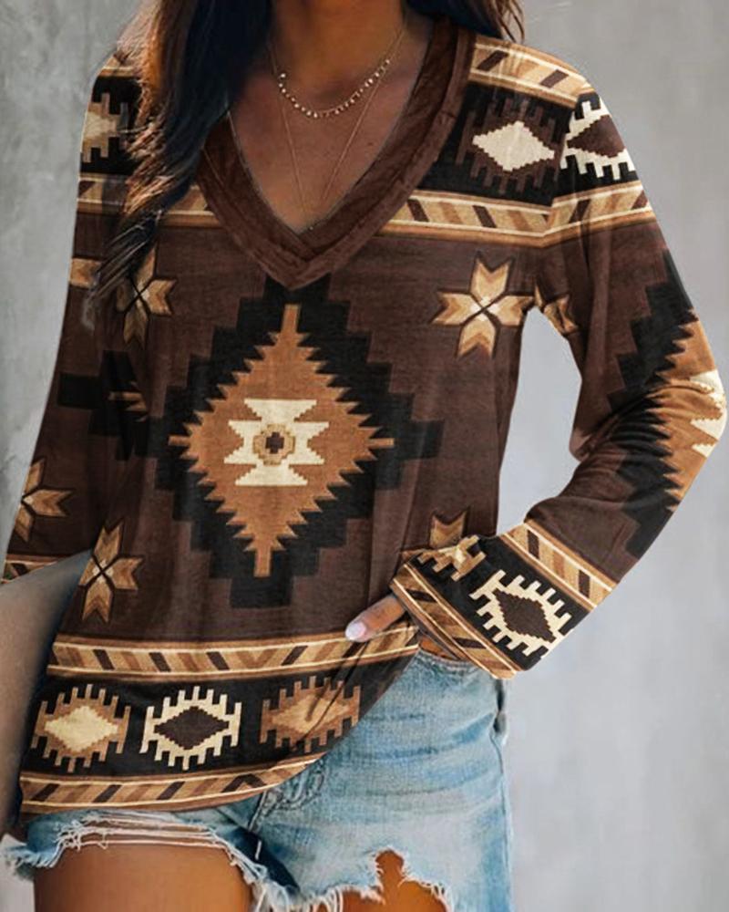 

Aztec Geometric Print Long Sleeve V-Neck Top, Coffee