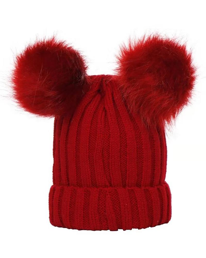 

Knit Double Pom Pom Decor Cuffed Beanie For Kids, Wine red