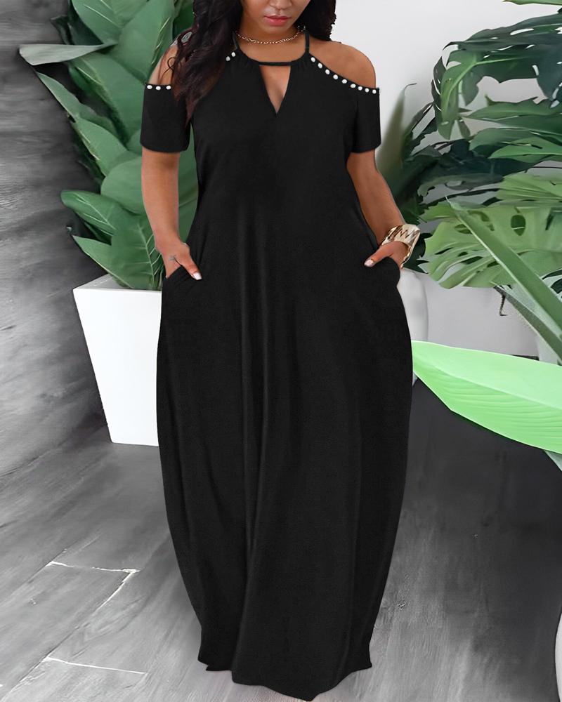 

Plus Size Cold Shoulder Pearls Decor Maxi Dress, Black