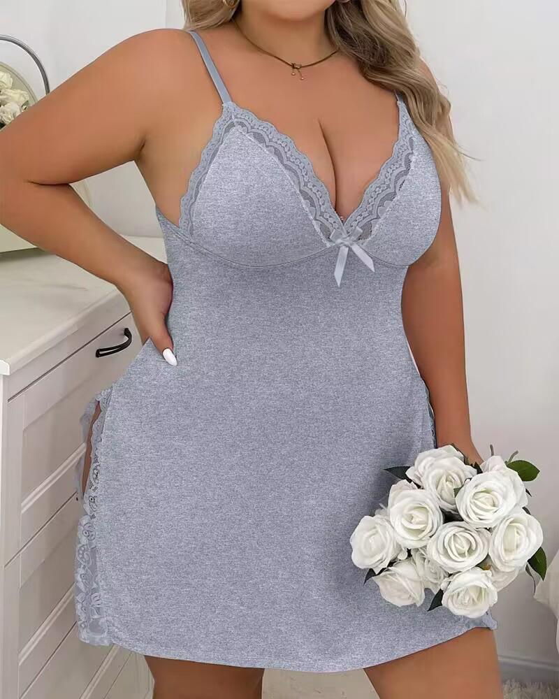 

Plus Size Bowknot Decor Lace Patch Slit Sleep Dress, Gray