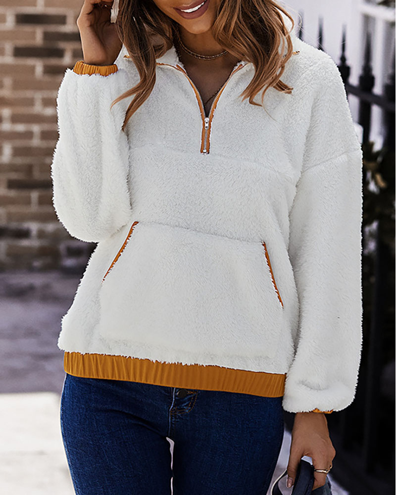 

Long Sleeve Fluffy Zipper Pocket Design Top, Beige