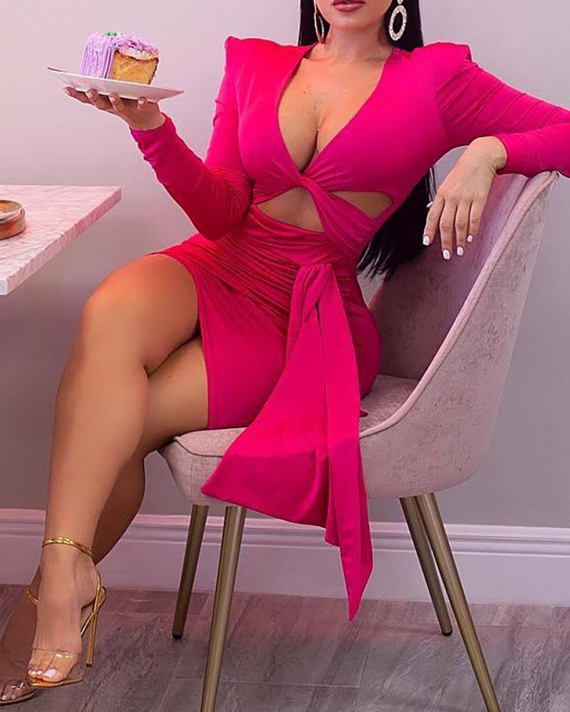 

Solid Twisted Cut Out Design Bodycon Dress, Hot pink