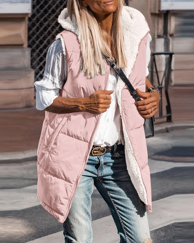 

Gilets réversibles Veste polaire sans manches Veste zippée à capuche Poches Manteau d'hiver long et chaud Vêtements d'extérieur, Pink