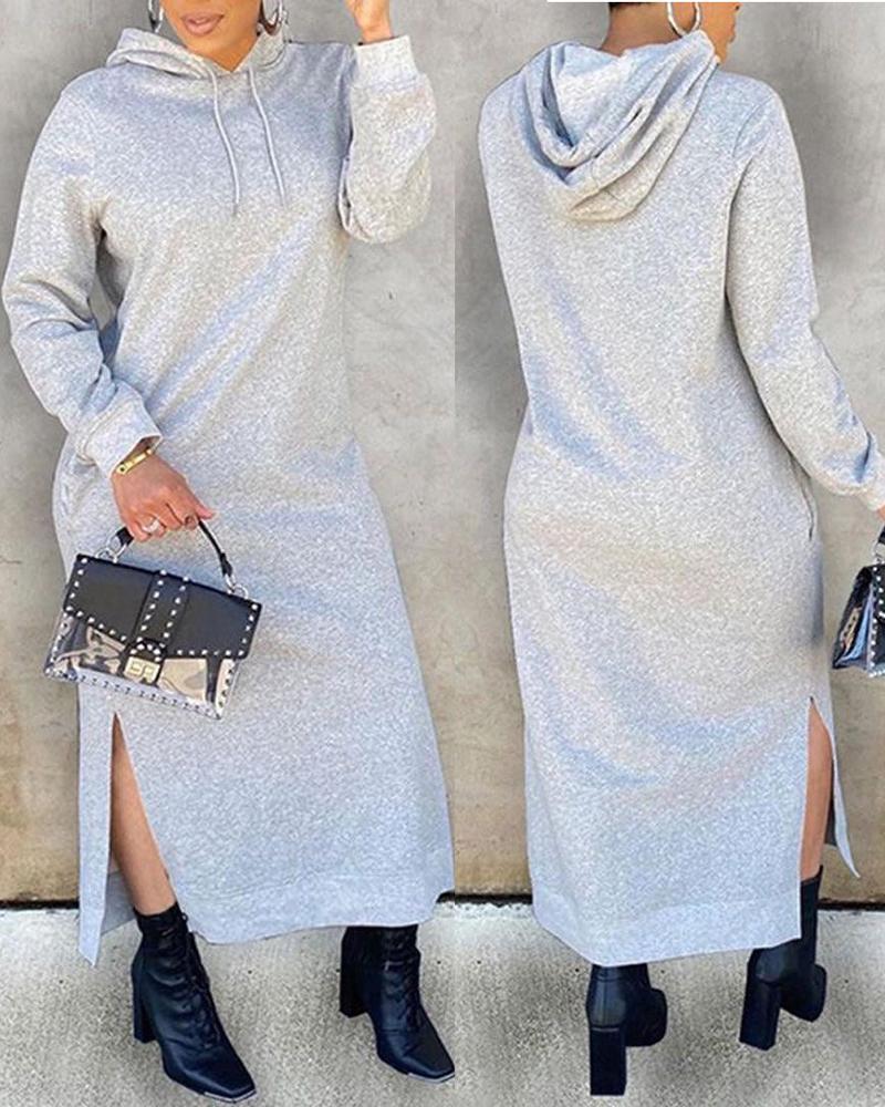 

Long Sleeve Slit Hooded Casual Dress, Light gray