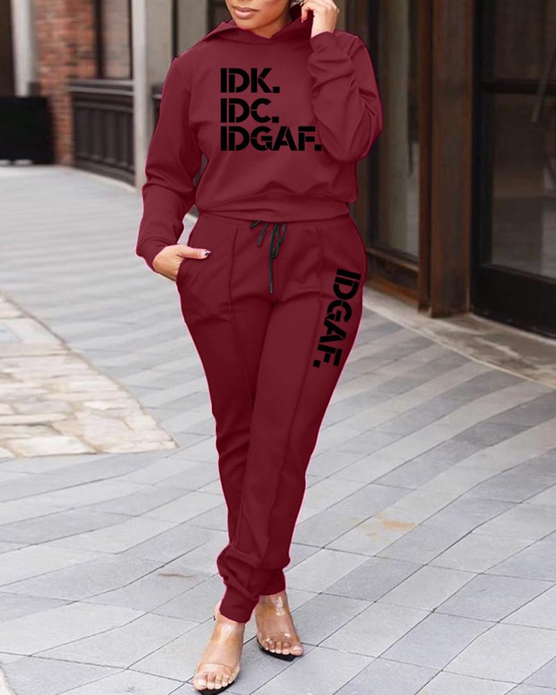 

Letter Print Long Sleeve Casual Hoodie & Pants Set, Wine red