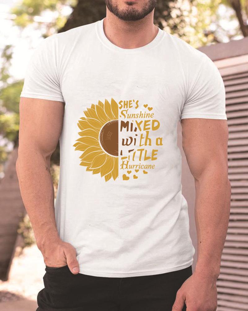 

Sunflower&Letter Print Short Sleeve T-shirt, White