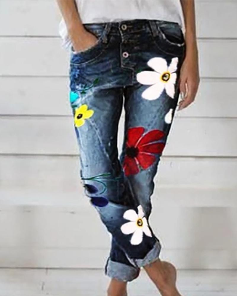 

Floral Pattern Buttoned Pockets Denim Pants, Dark blue