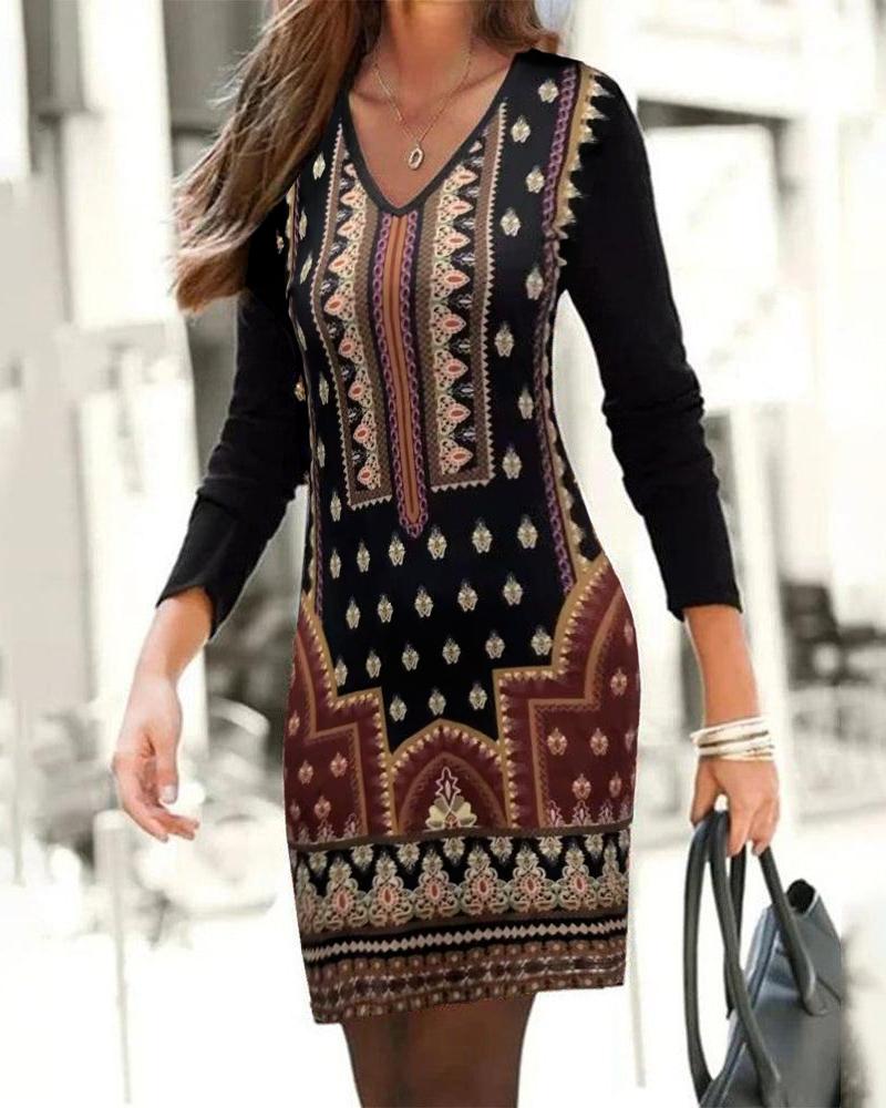 

Vintage Tribal Print Long Sleeve Work Dress, Black