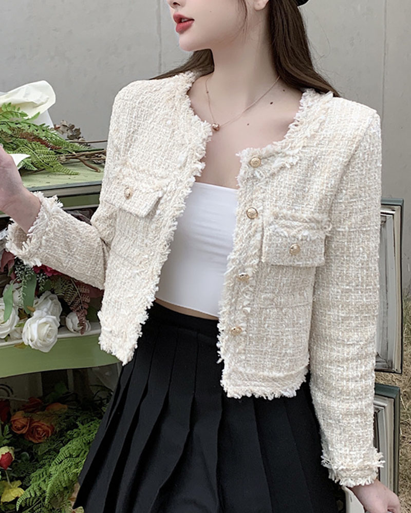 

Long Sleeve Flap Detail Button Front Tweed Coat, Beige