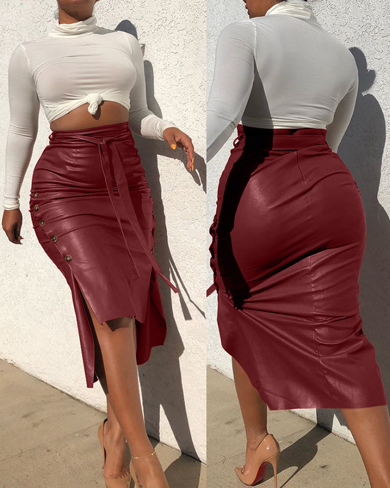 

Buttoned Slit PU Leather Midi Skirt, Wine red