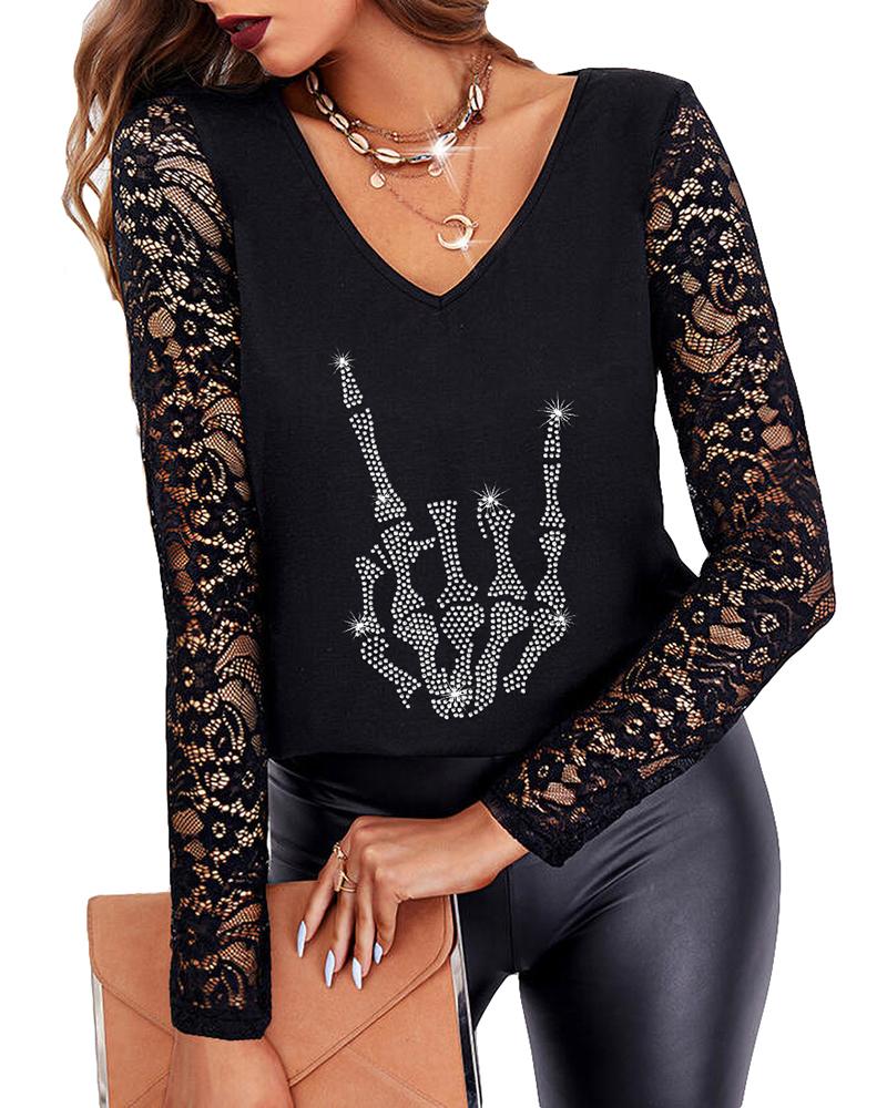 

Valentine' Day V-Neck Rhinestone Crochet Lace Top, Style3