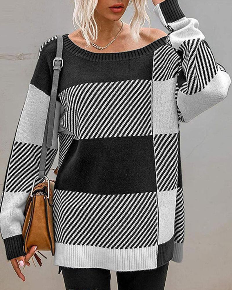 

Striped Colorblock Slit Long Sleeve Sweater, Beige