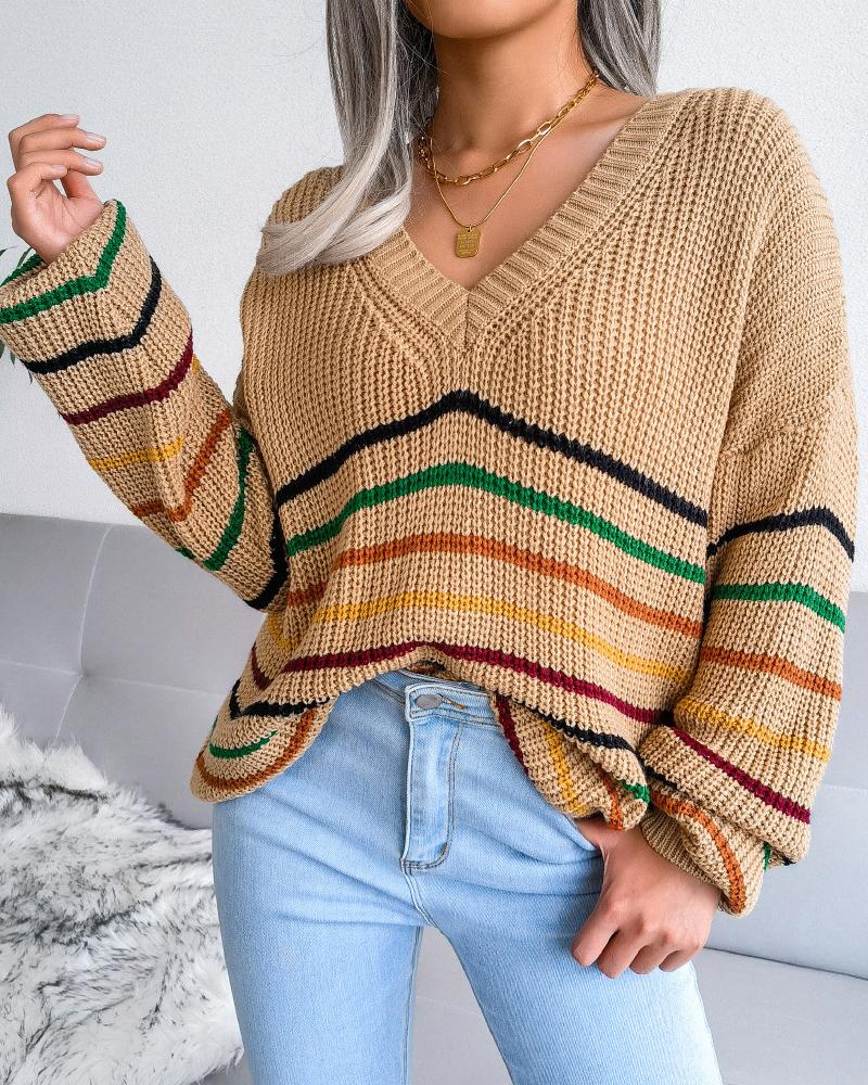 

Striped Long Sleeve V Neck Sweater, Khaki