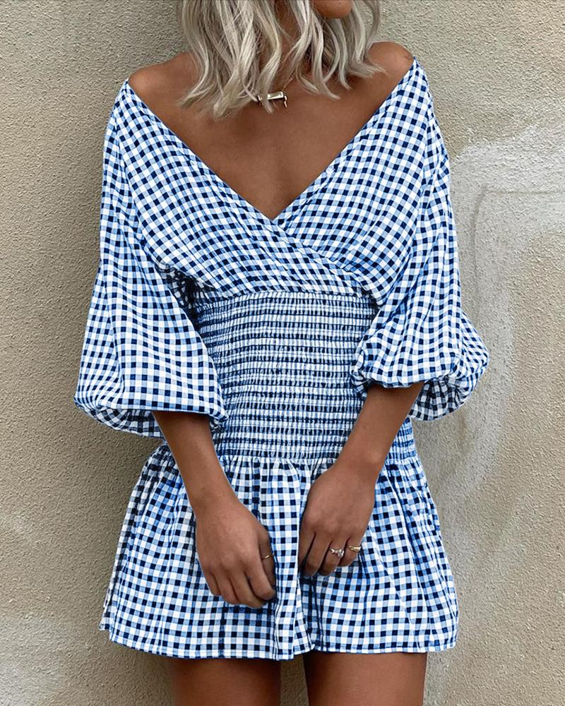 

Plaid Lantern Sleeve Shirring Detail Casual Dress, Blue