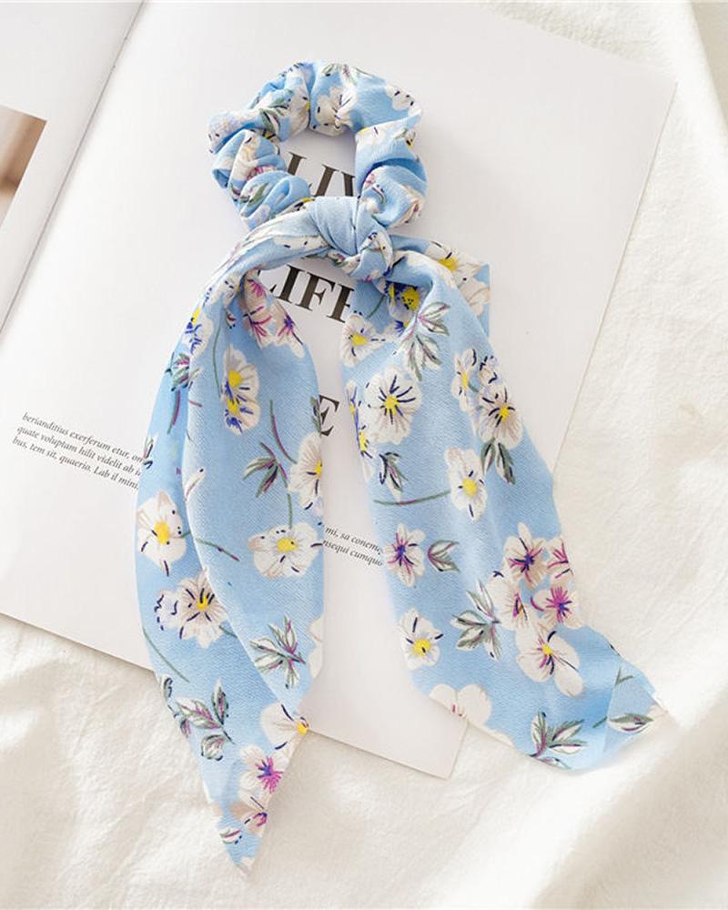 

1pcs Ponytail Rope Knotted Floral Print Hair Rope, Blue