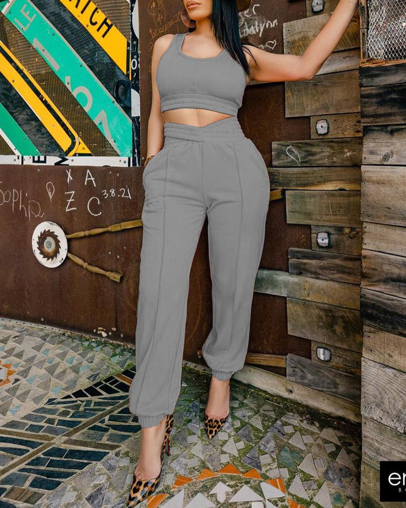 

Shirred Crop Top & Pocket Design Pants Set, Gray