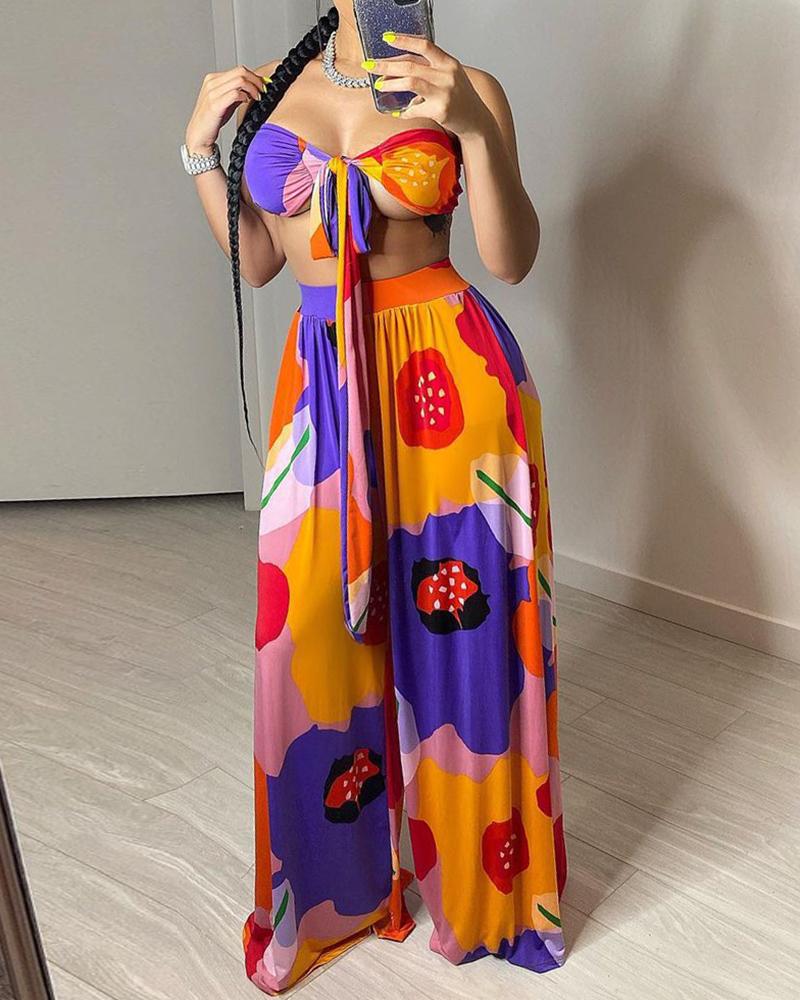 

Halter Floral Print Top & Wide Leg Pants Set, Orange