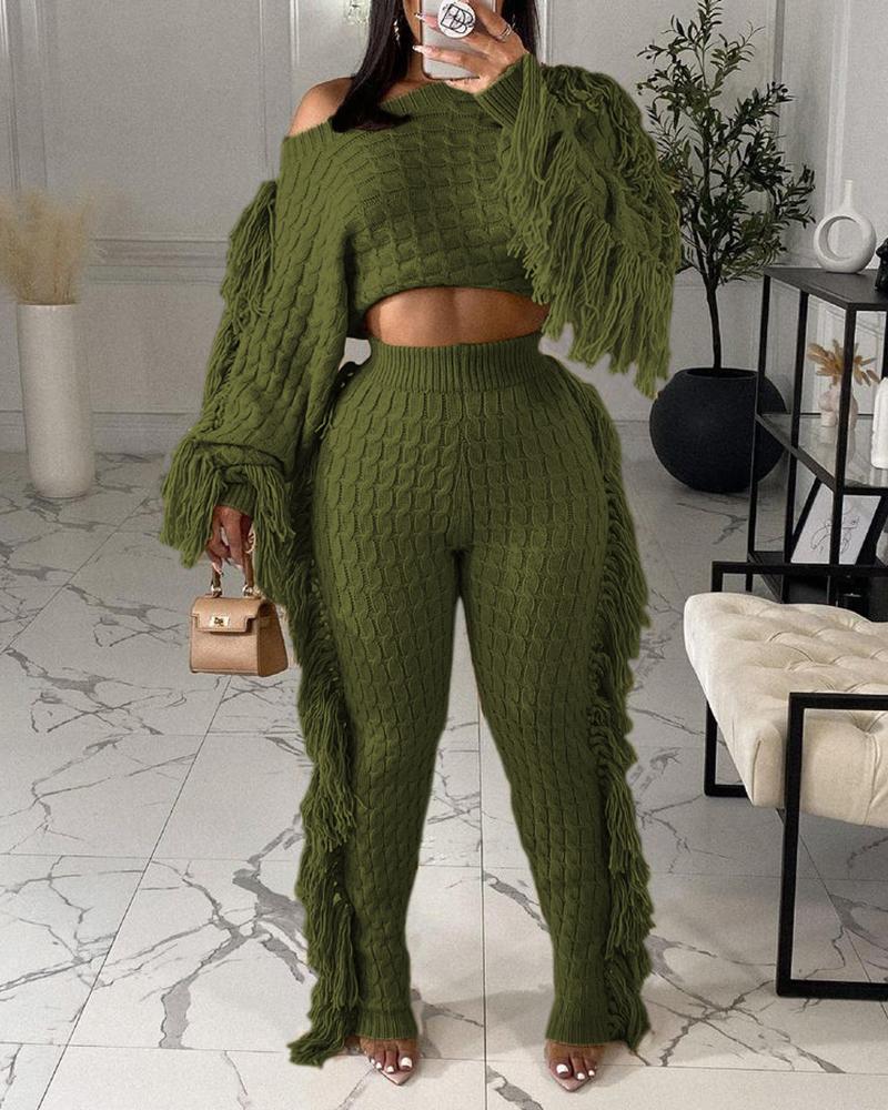 

Knit Tassel Design Sweater & High Waist Pants Set, Army green