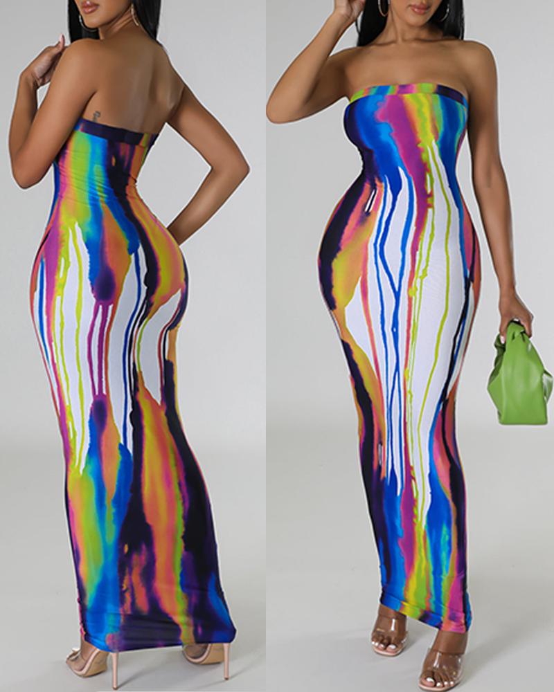 

Tie Dye Print Bandeau Maxi Dress, Multicolor