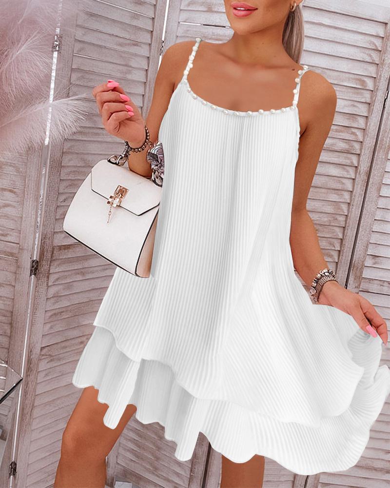 

Layered Pearls Strap Pleated Casual Dress, White