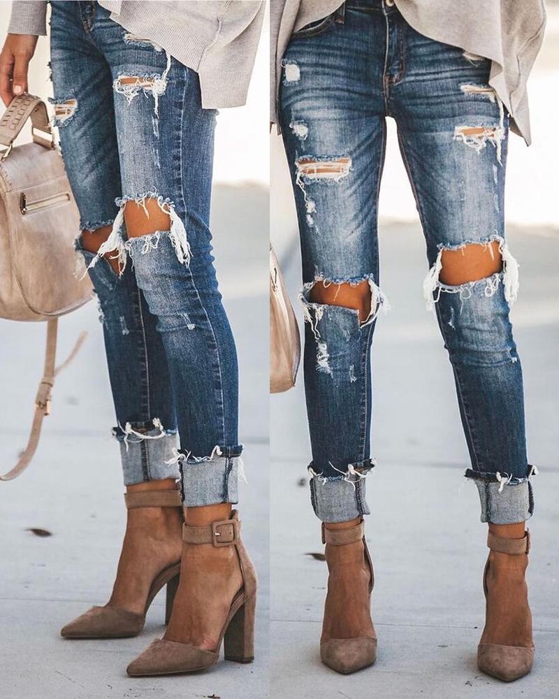

High Waist Ripped Cutout Jeans, Blue