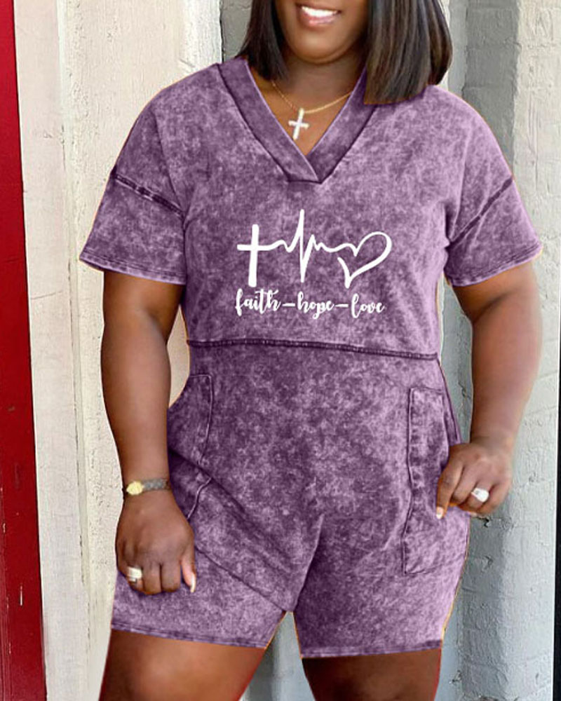 

Letter Heart Print Pocket Detail Romper, Purple