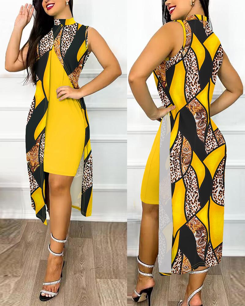 

Baroque Leopard Print Slit Asymmetrical Casual Dress, Yellow