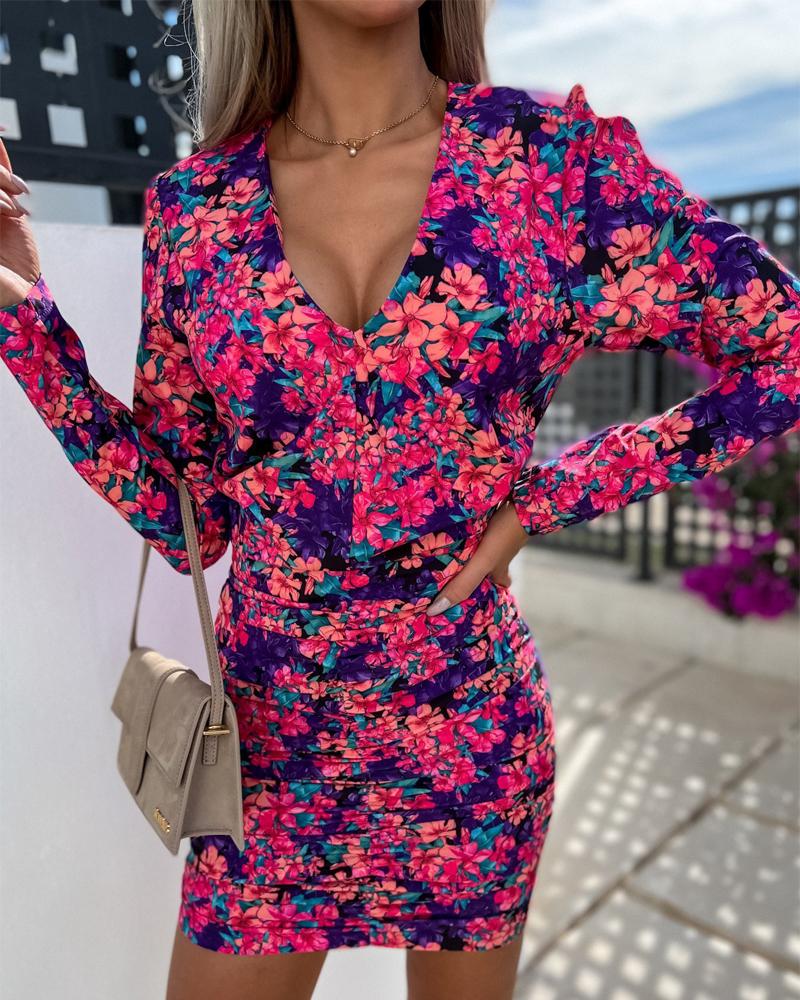 

Floral Print Ruched Long Sleeve Dress, Multicolor
