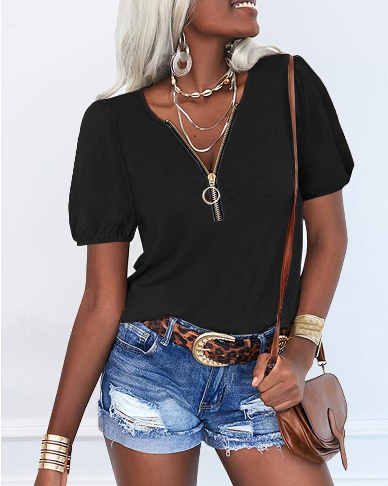 

Zipper Front Puff Sleeve Casual T-shirt, Black