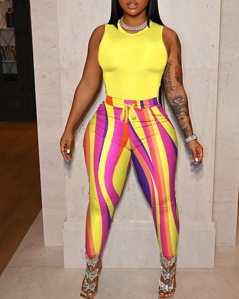 

Basic Tank Top & Colorblock Drawstring Pants Set, Multicolor