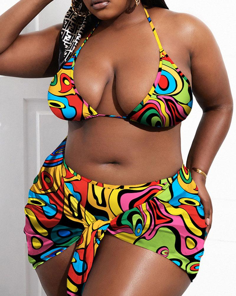 

Plus Size 3PCS Abstract Print Halter Bikini Set With Cover Up, Multicolor