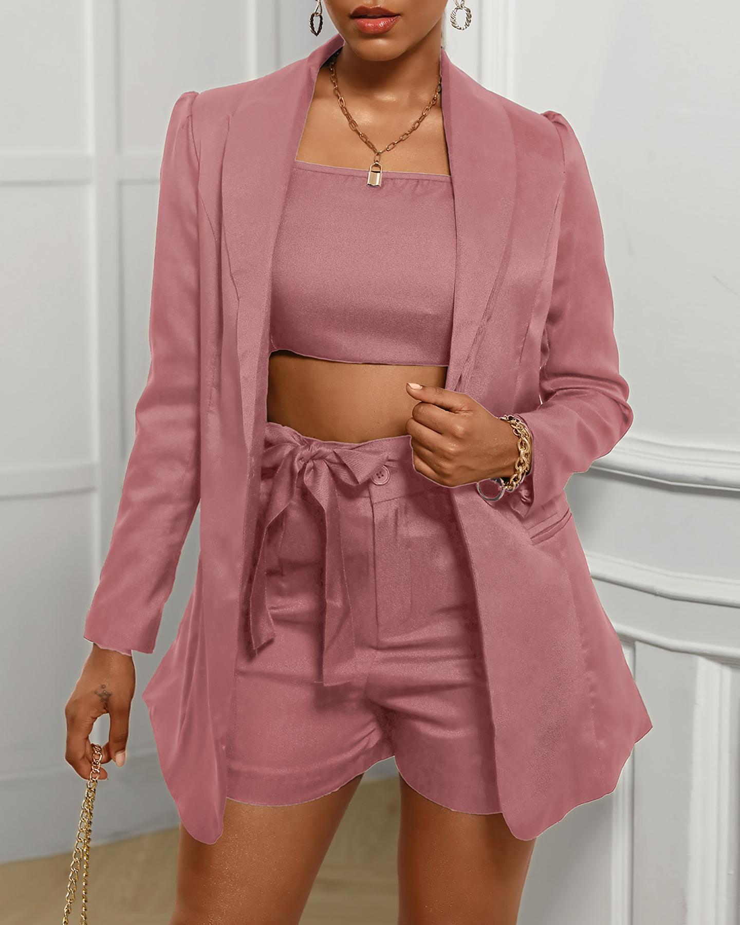 

Solid Top & Button Design Blazer Coat & Shorts Sets, Pink