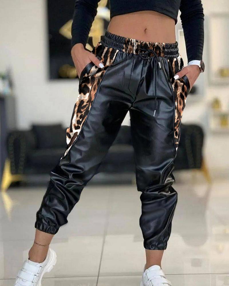 

Contrast Leopard PU Leather Drawstring Cuffed Pants, Black