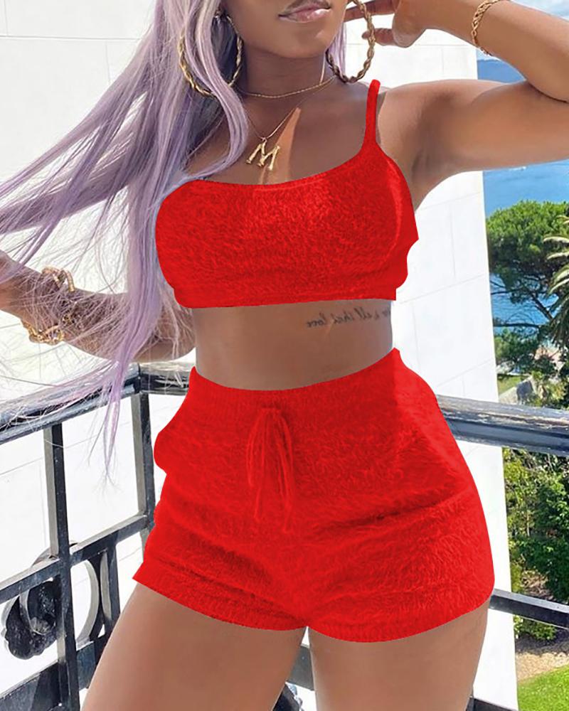 

Spaghetti Strap Plain Top & Shorts Set, Red