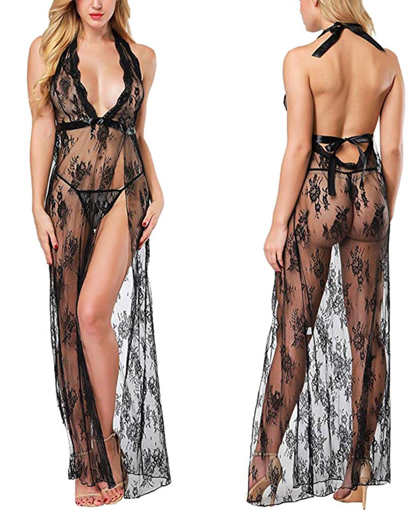 

Lace Backless Halter Sleeveless Maxi Dress, Black