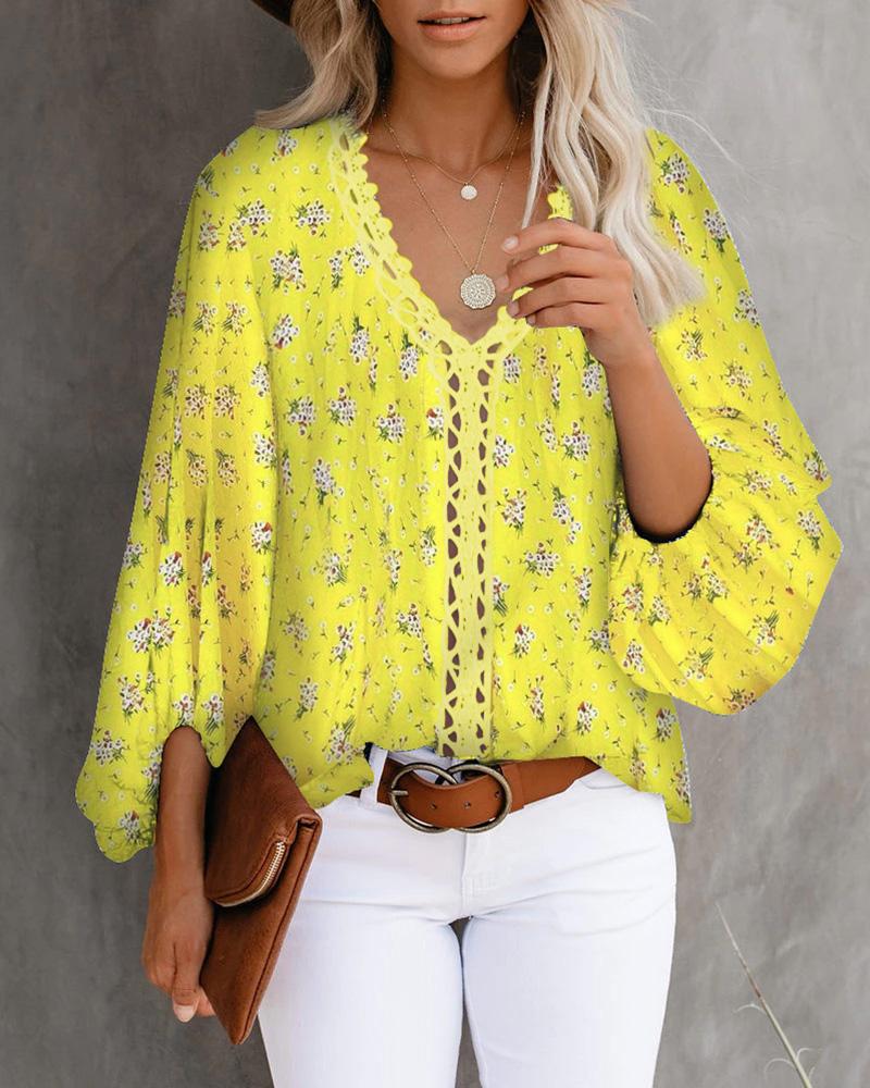 

Ditsy Floral Print Lace Patch Lantern Sleeve Top, Yellow