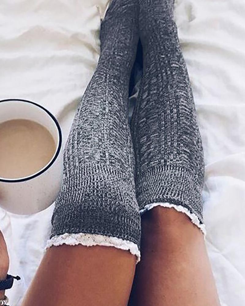 

Lace Trim Colorblock Over The Knee Socks, Gray