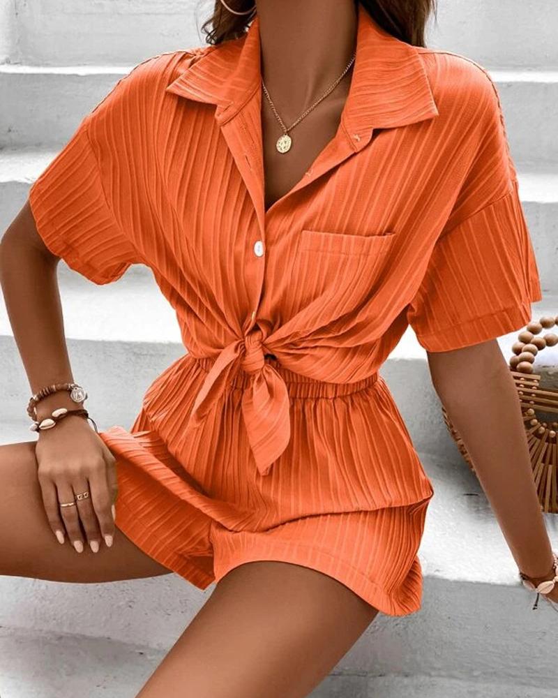 

Textured Buttoned Top & Shorts Set, Orange