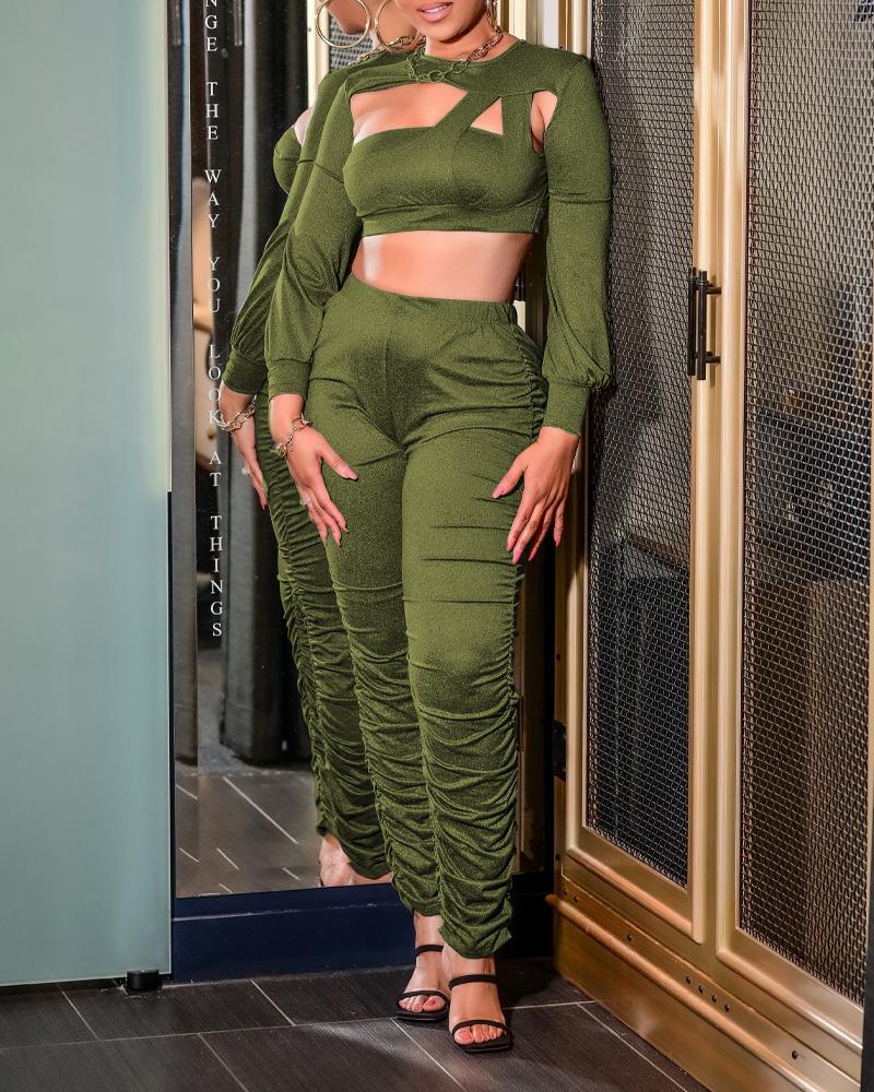 

Long Sleeve Cutout Crop Top & Ruched Pants Set, Green
