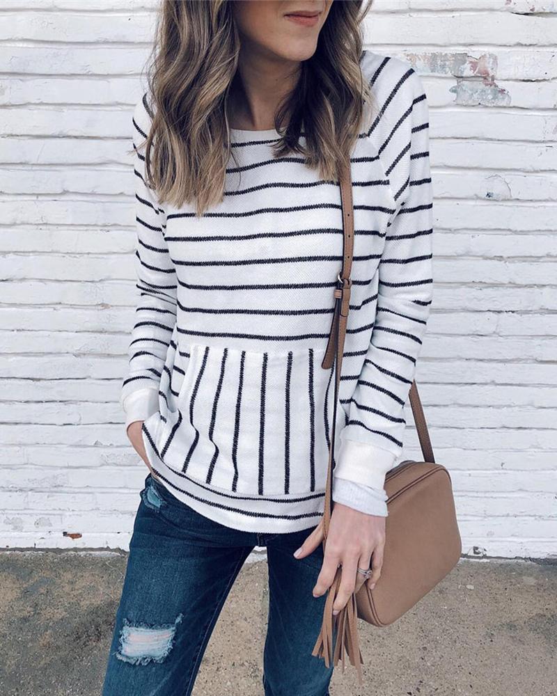 

Striped Long Sleeve Pocket Casual Sweater, Black