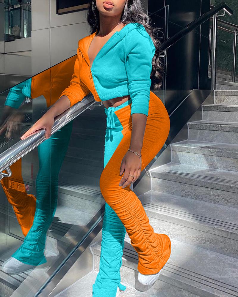 

Colorblock Hooded Top & Ruched Slit Pants Set, Orange