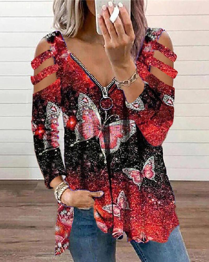 

Ladder Cutout Zip Front Butterfly Print Colorblock Top, Red