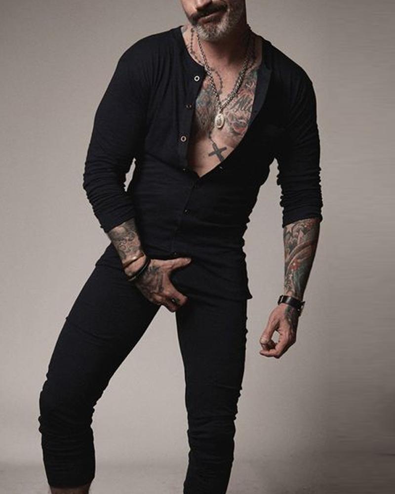 

Solid Long Sleeve Skinny Button-up Jumpsuit, Black