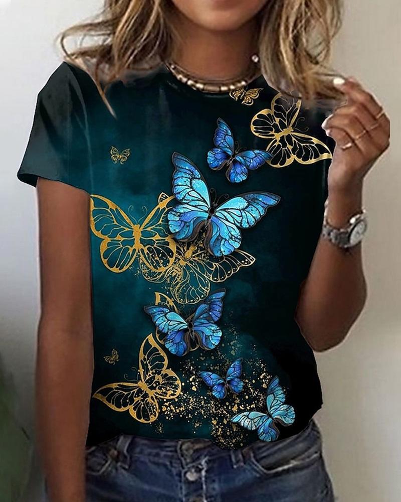 

Butterfly Print Round Neck Short Sleeve Casual T-shirt, Purplish blue