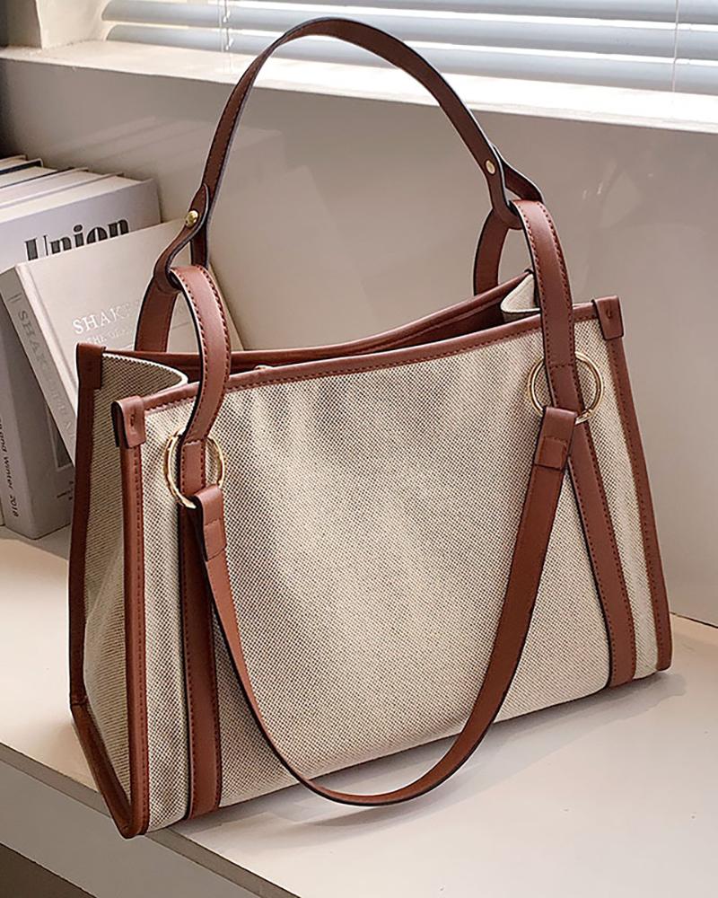 

Contrast Paneled Canvas Tote Bag, Brown