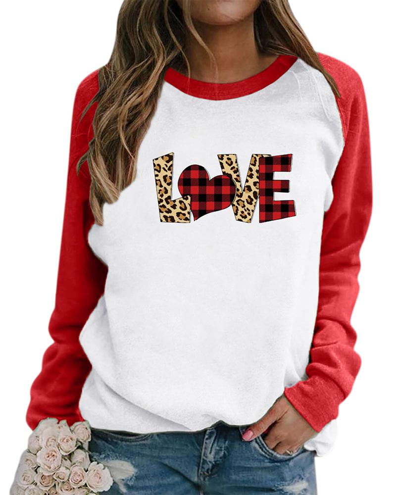 

Valentine' Day Cheetah Plaid Print Colorblock Sweatshirt, Red