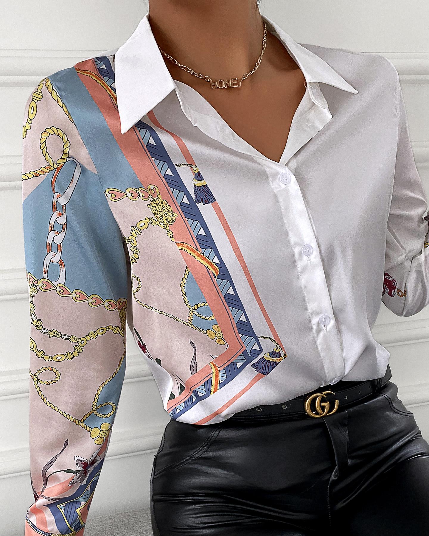 

Scarf Print Button Front Satin Shirt, White