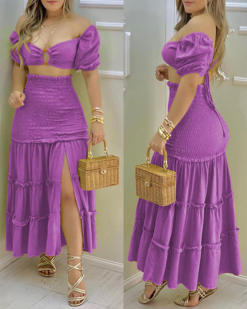 

O-Ring Crop Top & Frill Hem Shirred Slit Maxi Skirt Set, Purple