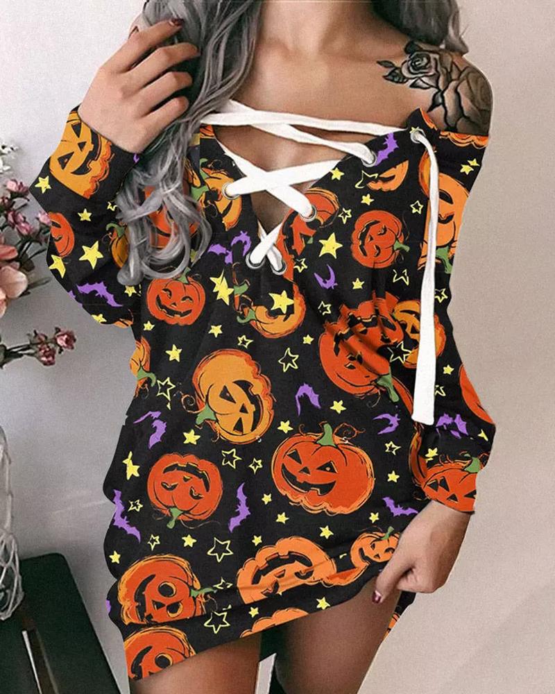 

Halloween Pumpkin Print Lace-up Dress, Black