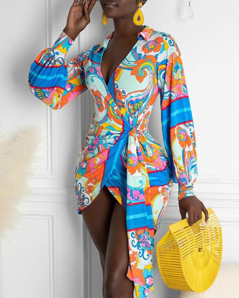 

Scarf Print Lantern Sleeve Tied Detail Shirt Dress, Blue